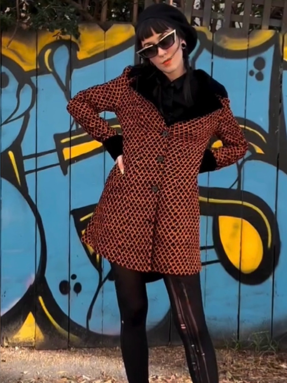 Women's Black & Orange Patterned Pea Coat with Velvet Collar